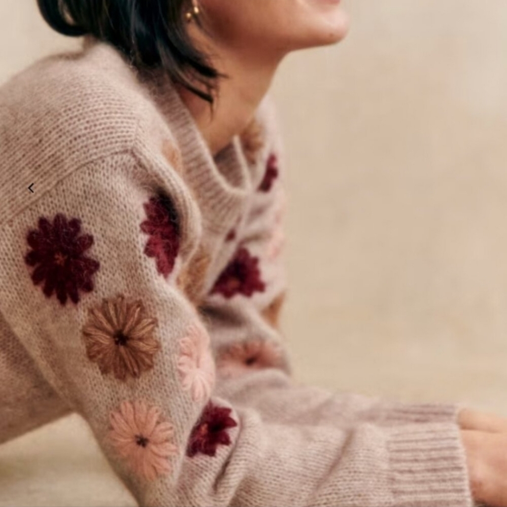 LA MAILLE SÉZANE Suzon Mohair Embroidered Floral Sweater Mottled Beige NWT RARE - Picture 2 of 10